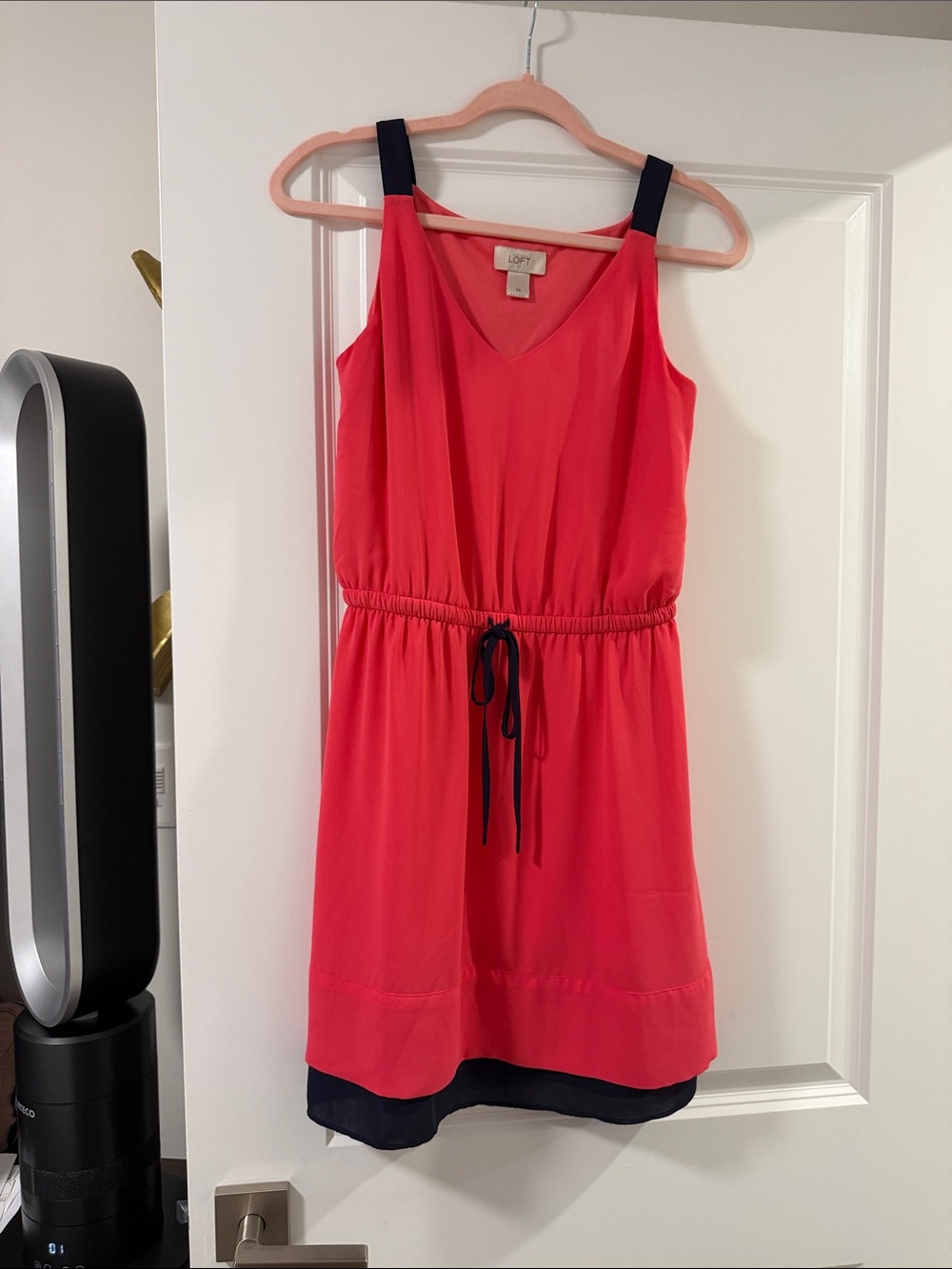 LOFT Coral-Pink V-Neck Drawstring Sundress with Navy Trim